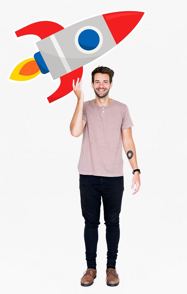 Creative man with a launching rocket symbol