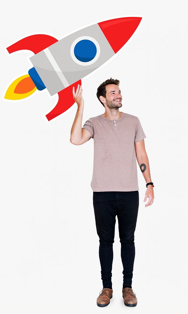 Creative man with a launching rocket symbol