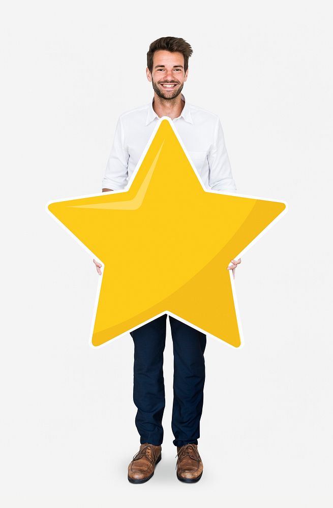Businessman showing golden star rating symbol