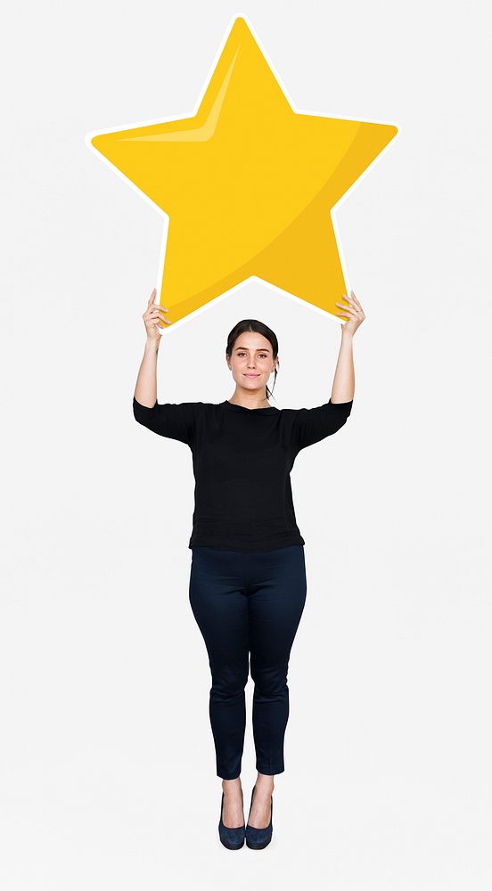 Businesswoman holding a golden star rating symbol
