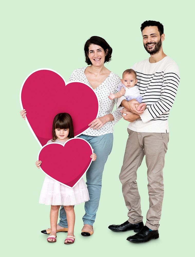 Happy family holding heart shaped icons