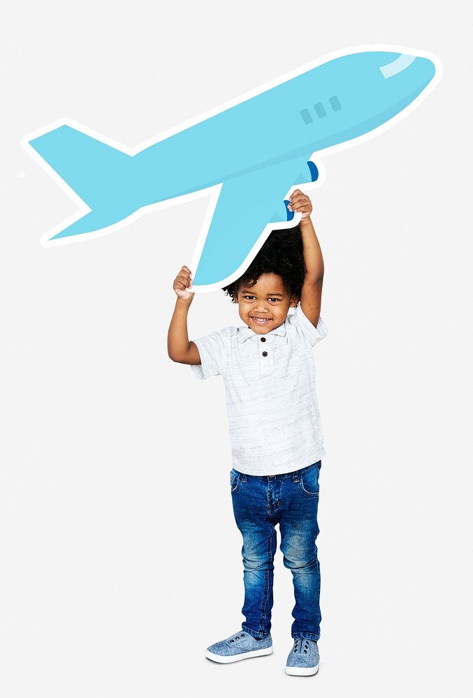 Happy boy holding an airplane icon