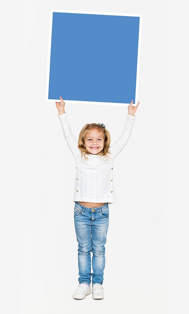 Happy girl holding an empty square board