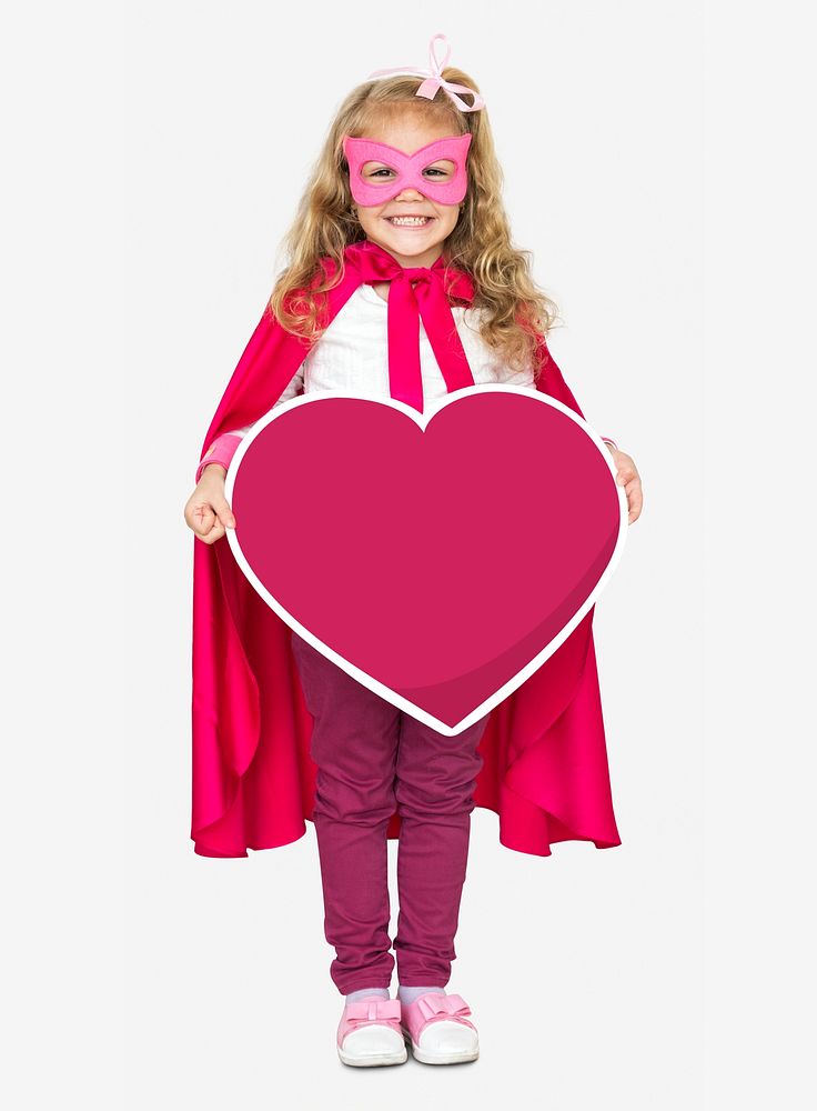 Superhero girl holding a heart icon
