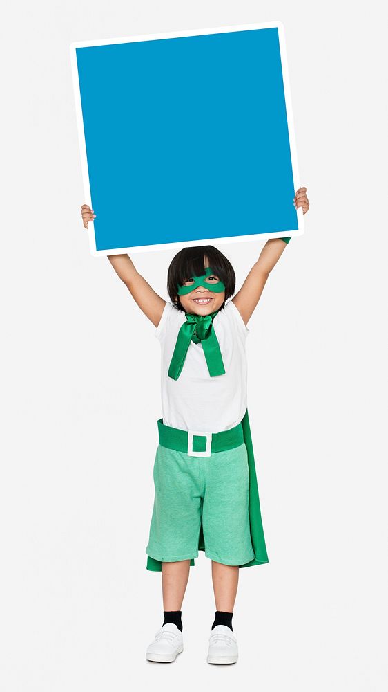 Young superhero with an empty square board