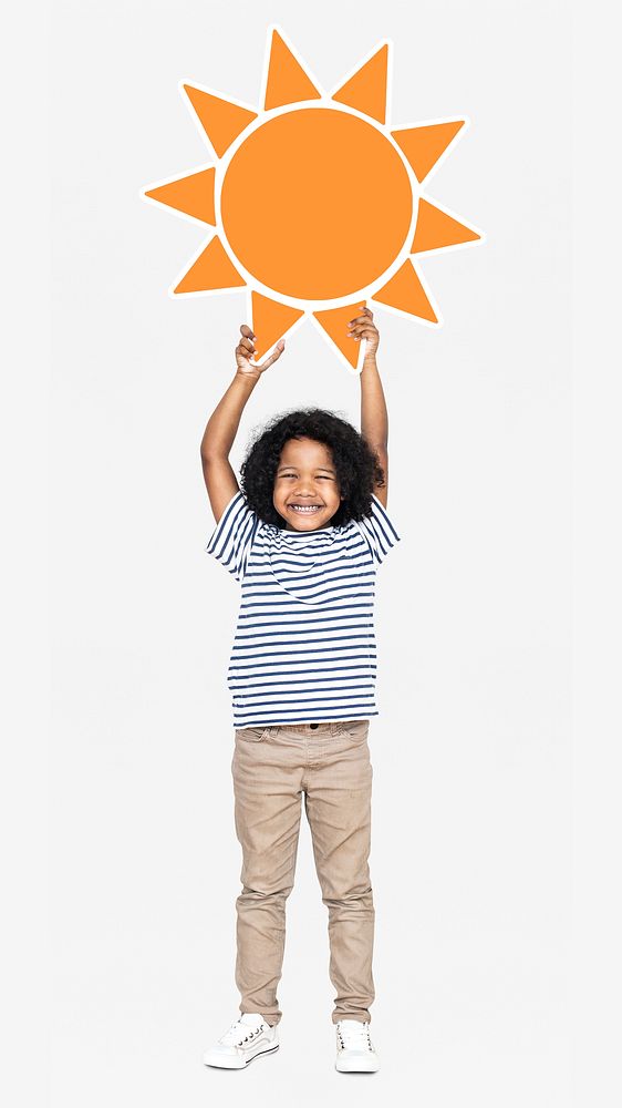 Cheerful boy holding a sun icon