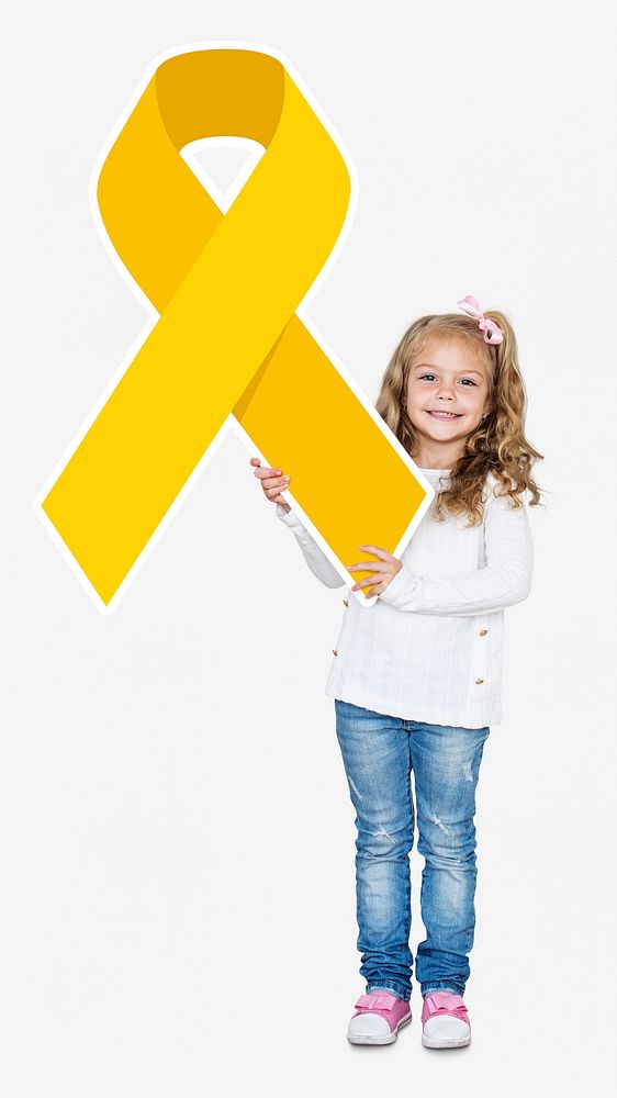 Young girl holding gold ribbon supporting childhood cancer awareness