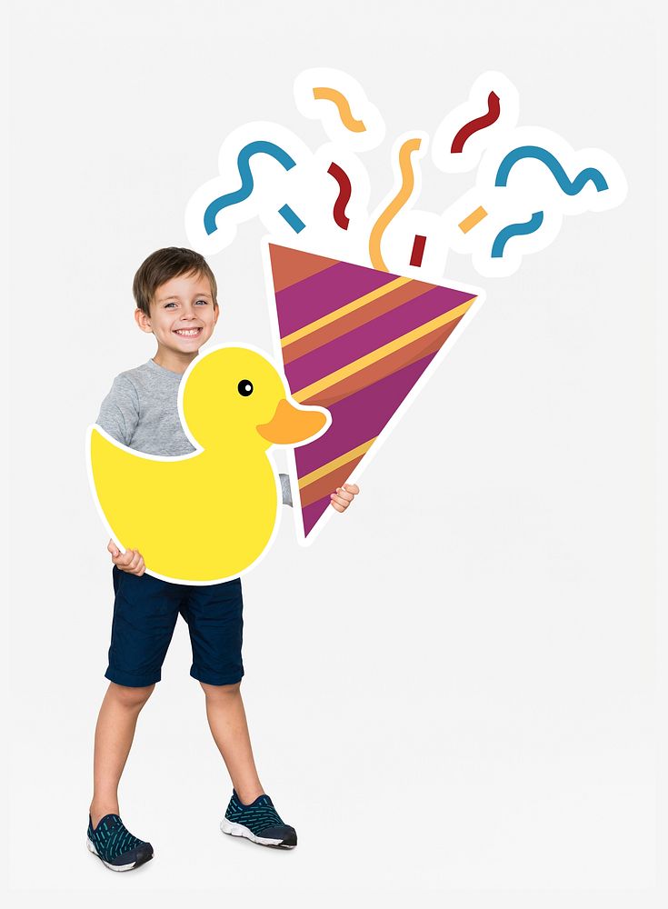 Happy kid with a party hat and a duck