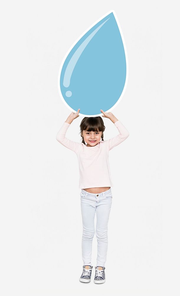 Happy girl holding a blue water droplet icon