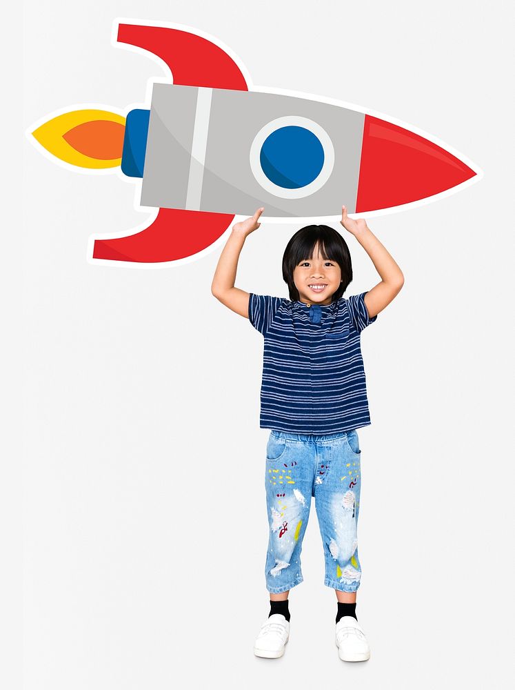 Cute happy boy holding a rocket icon