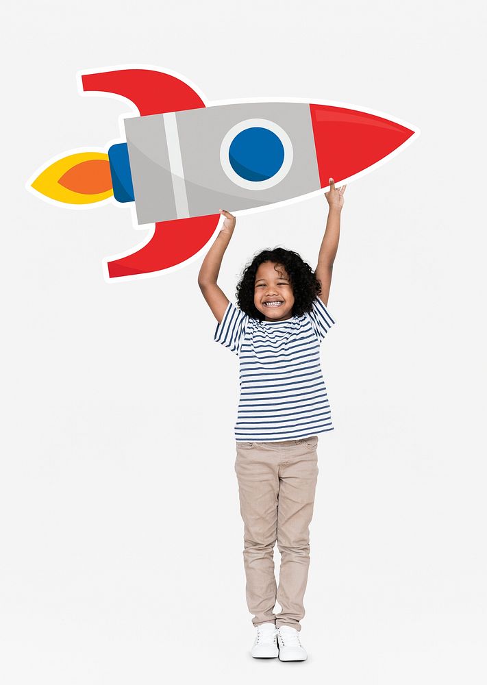 Cute happy boy holding a rocket icon
