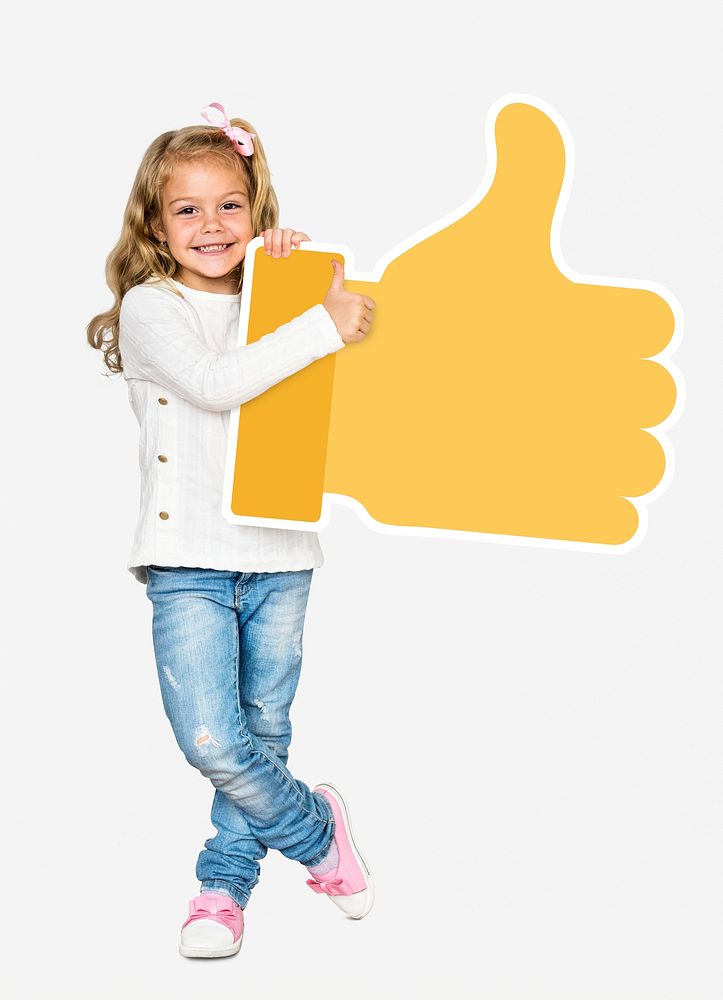 Happy girl holding a yellow thumbs up icon