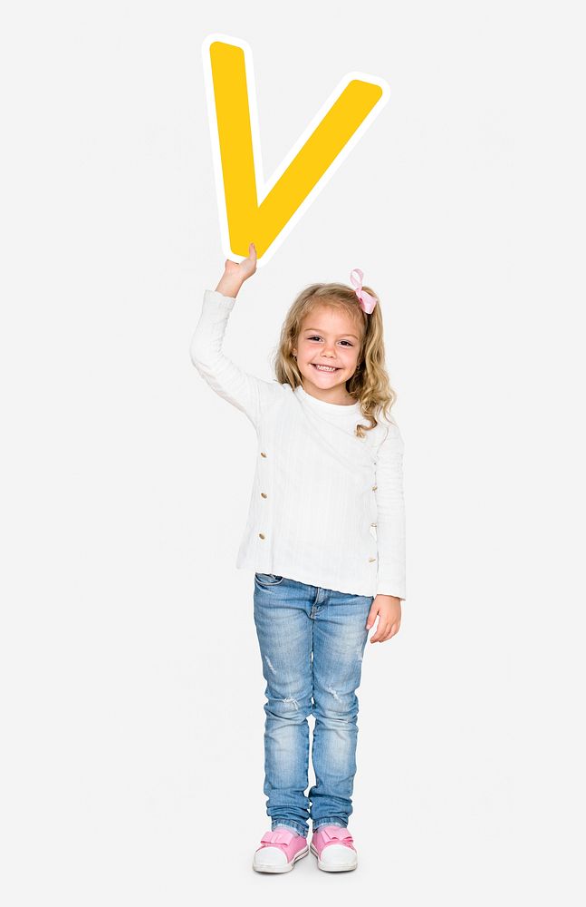 Happy girl holding the letter V