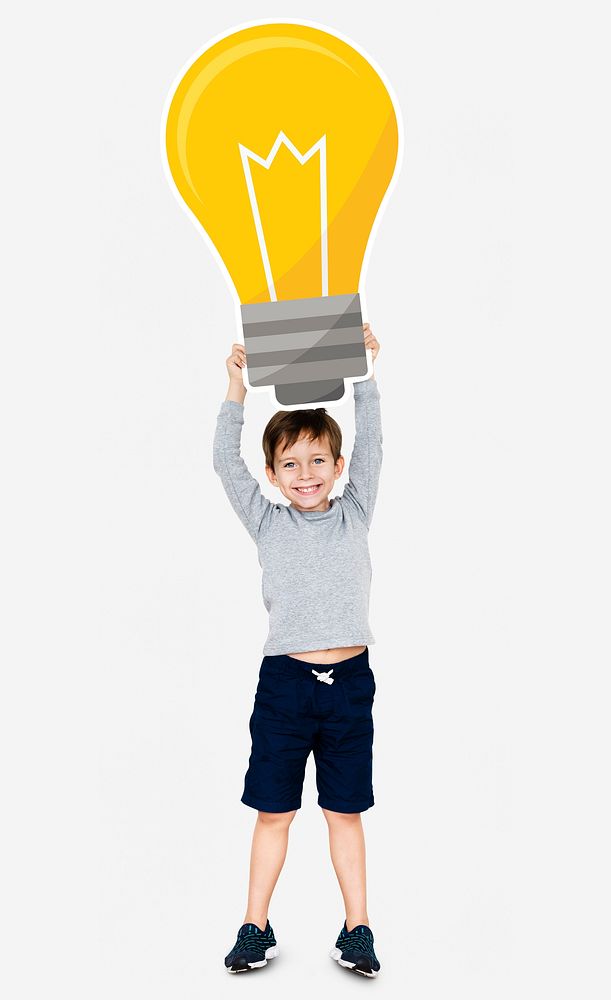 Cute boy holding a light bulb icon