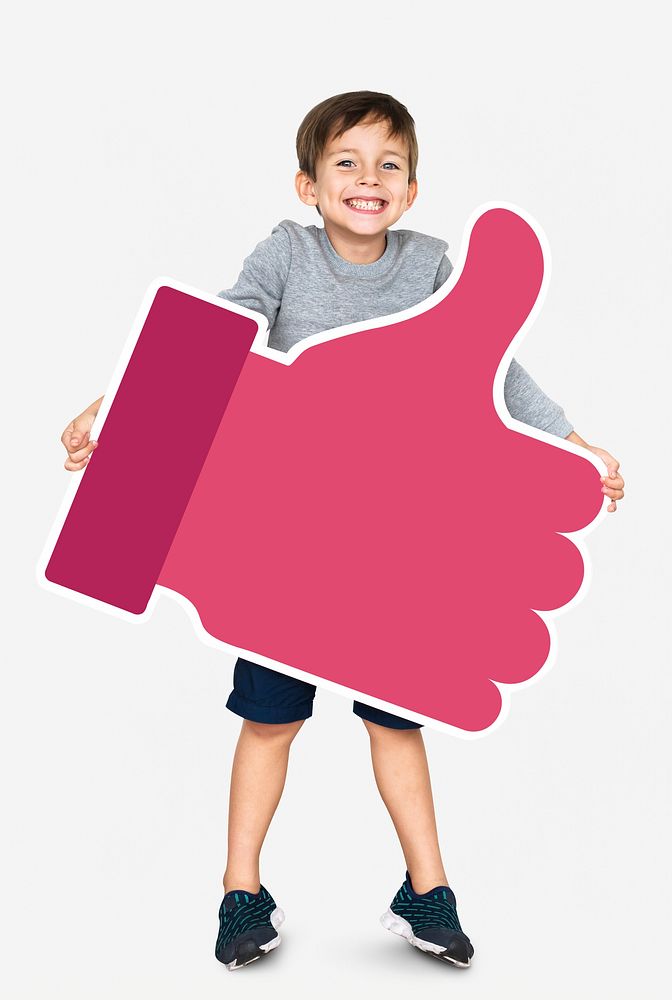 Cute little kid holding a pink thumbs up icon