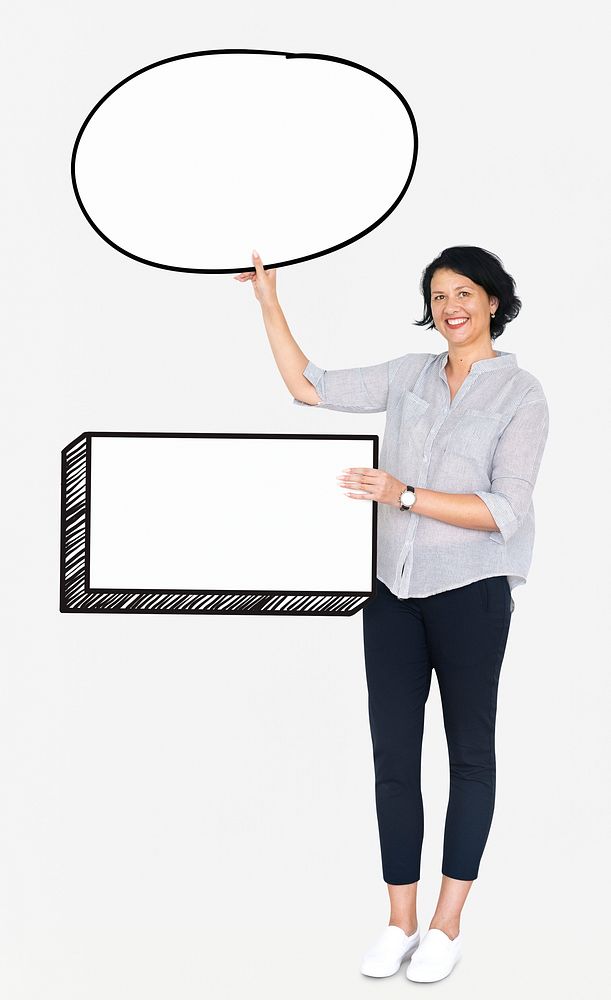 Happy woman holding blank banners