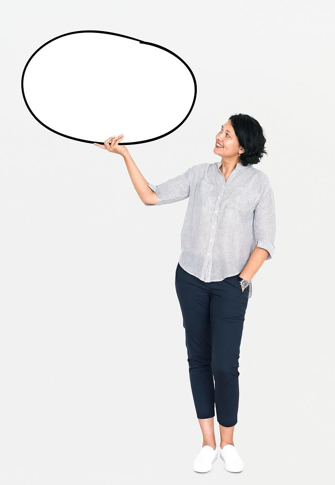 Happy woman holding a white empty banner