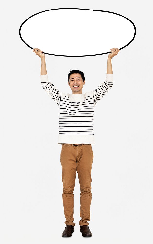 Cheerful man holding a blank white board