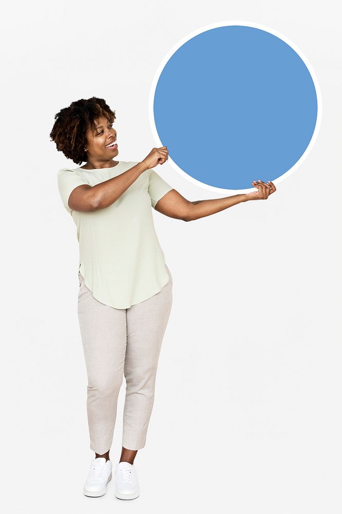 Cheerful woman with a blue round board