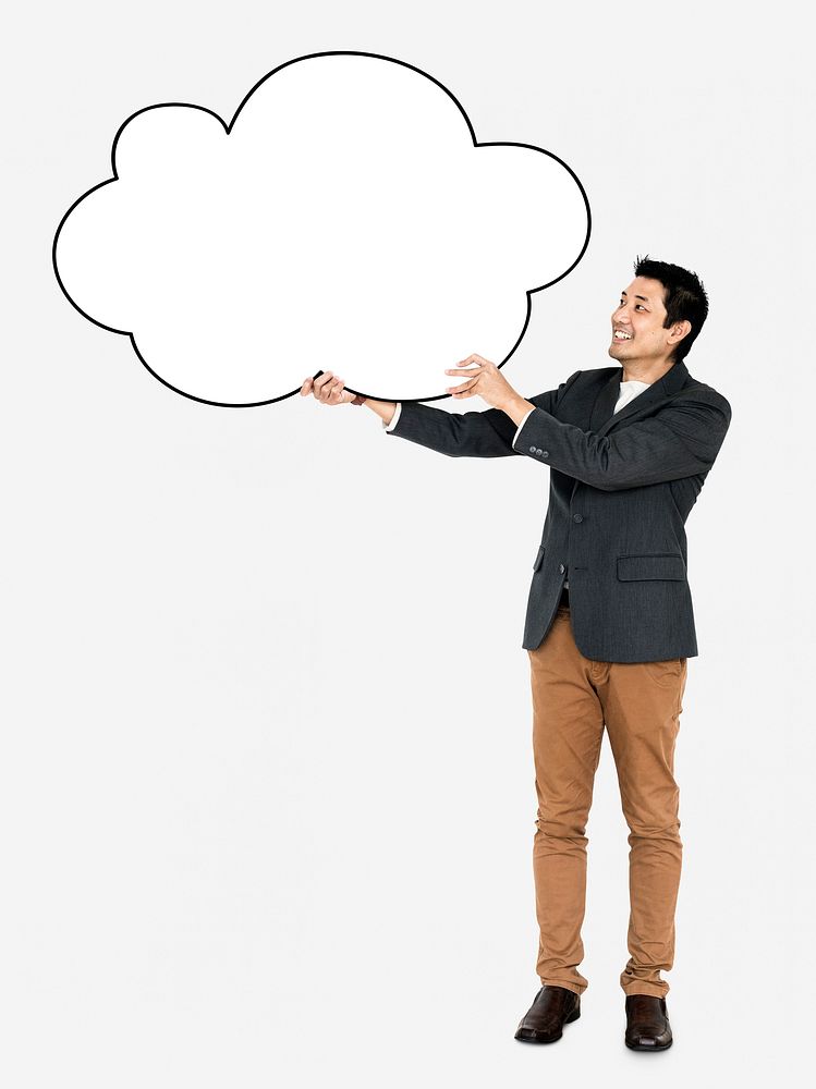 Cheerful man showing a blank cloud shaped board