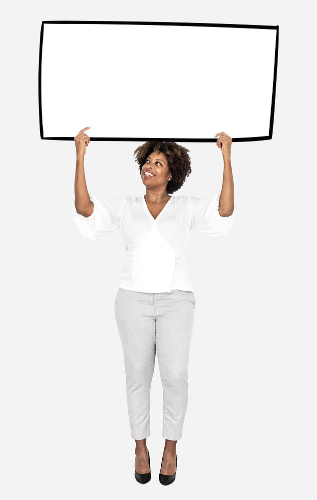 Cheerful woman showing a blank white banner