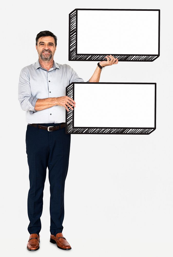 Happy businessman holding two empty boards