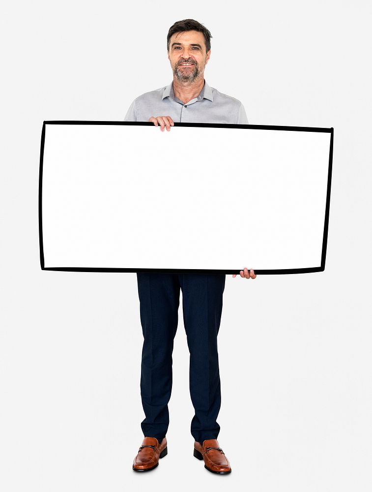 Cheerful man showing a blank white banner