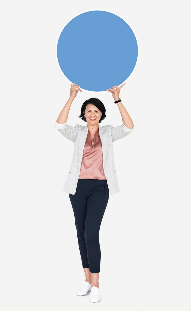 Woman presenting a blue round board