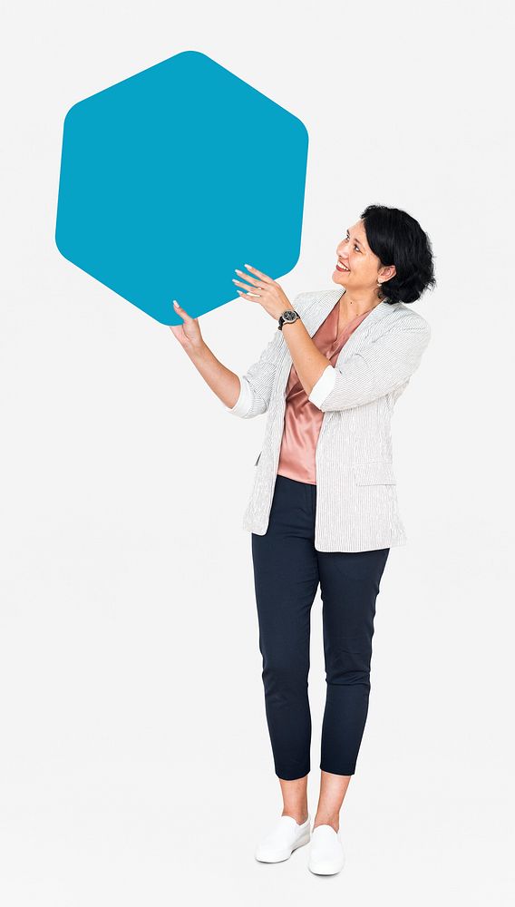 Cheerful woman showing a blank blue hexagon shaped board