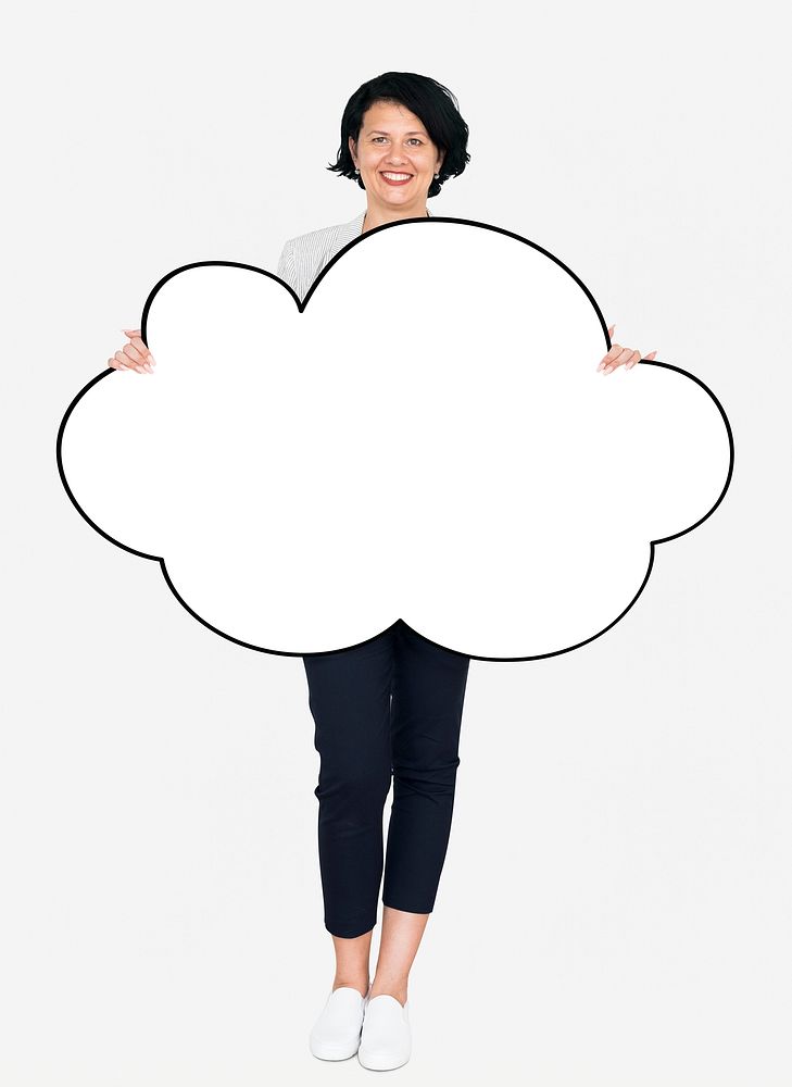 Cheerful woman showing a blank white cloud