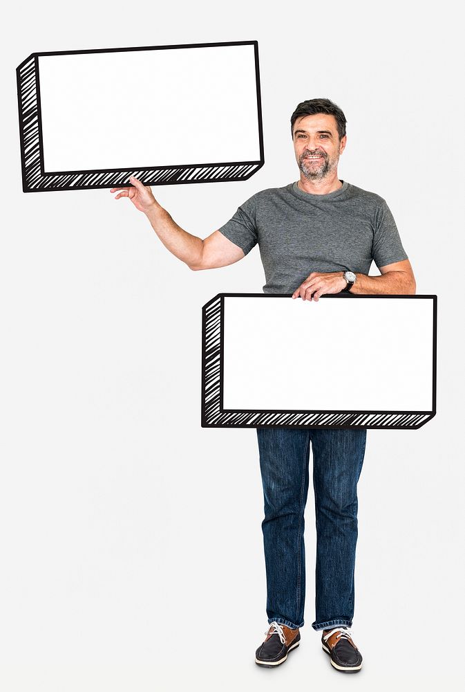 Happy man holding two empty boards