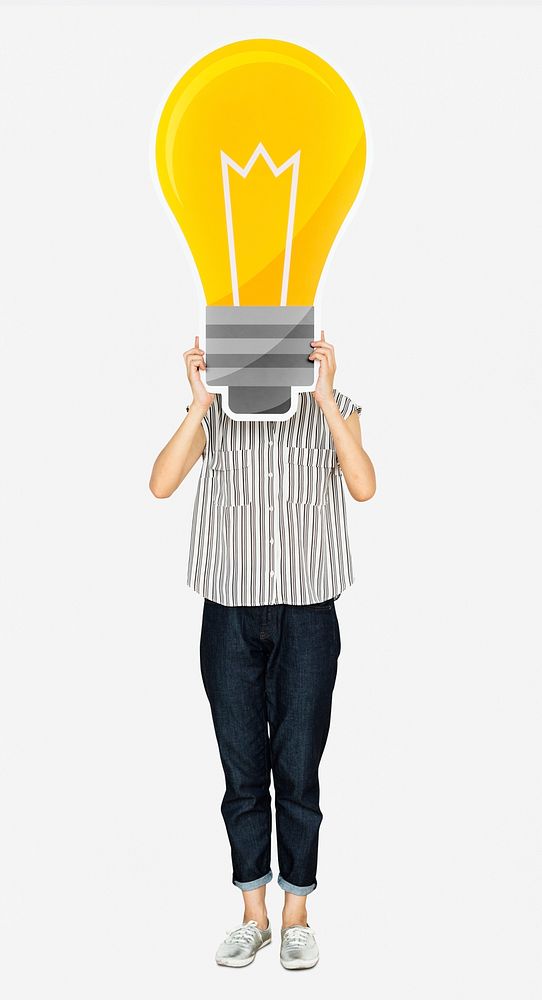 Woman holding a light bulb icon