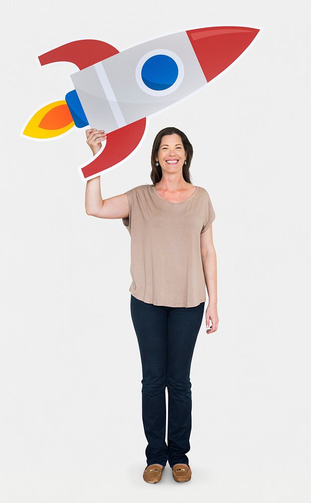 Happy woman holding a rocket icon