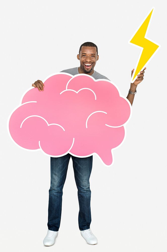 Happy man holding a brain icon and a lightning bolt
