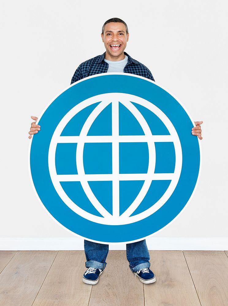 Happy man holding a WWW icon