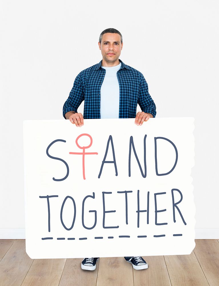 A man holding stand together signboard