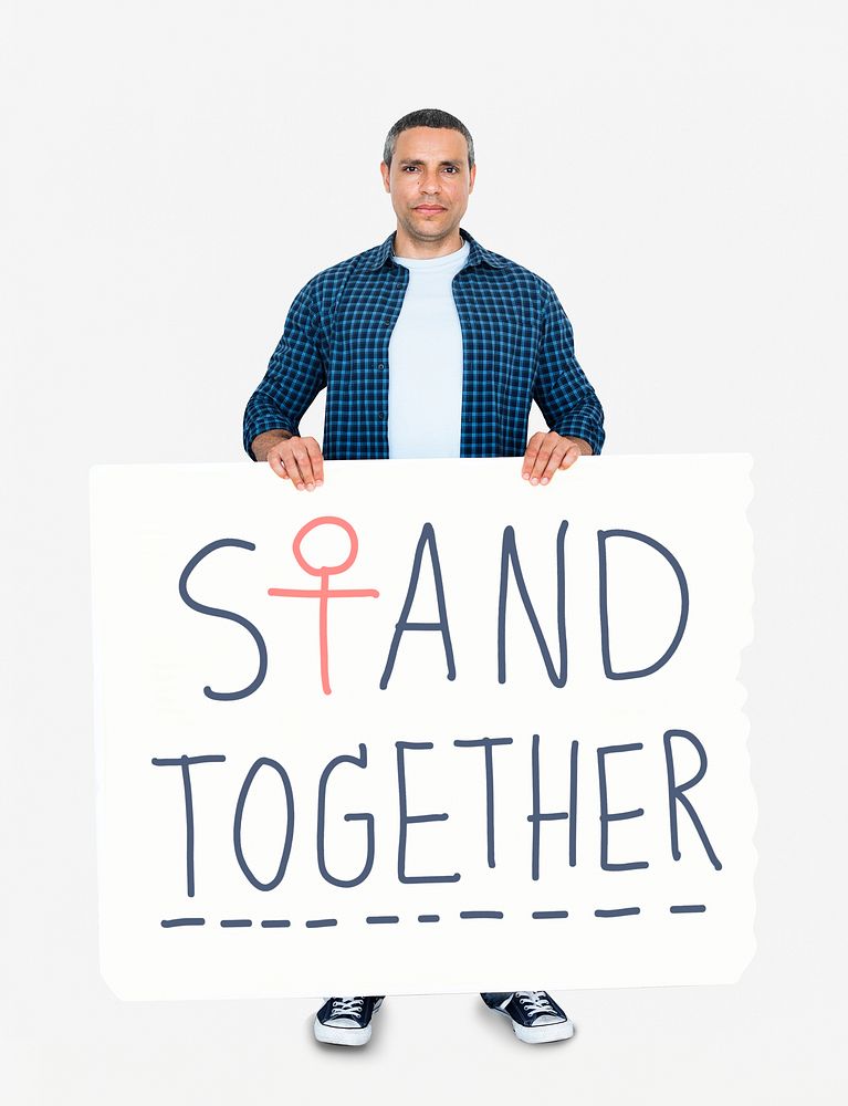 A man holding stand together signboard