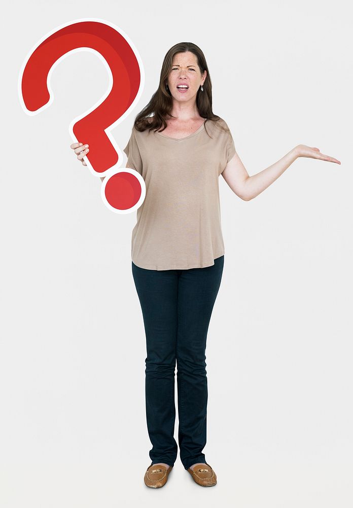 Confused woman holding a question mark icon
