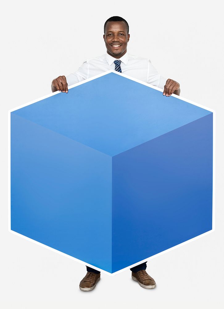 Businessman with a big blue cube