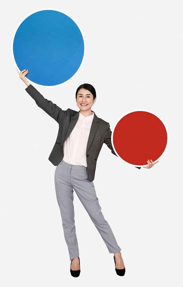 Happy woman holding round boards