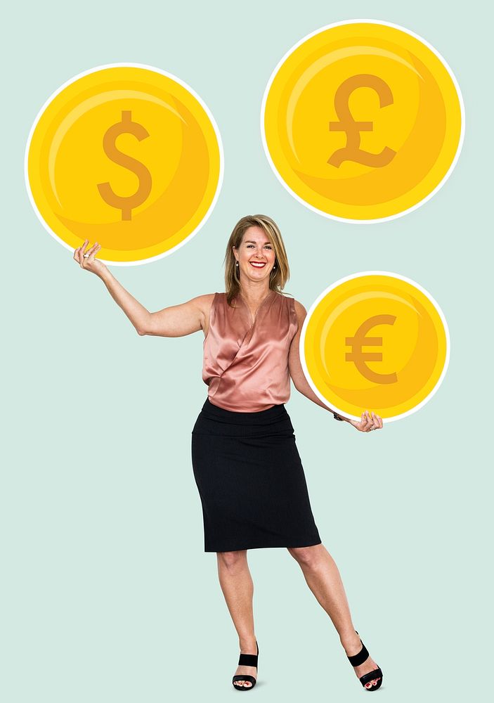 Woman holding money and bitcoin icons