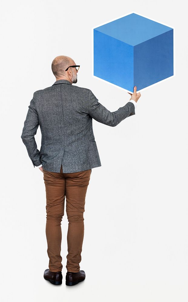 Businessman holding a blue box