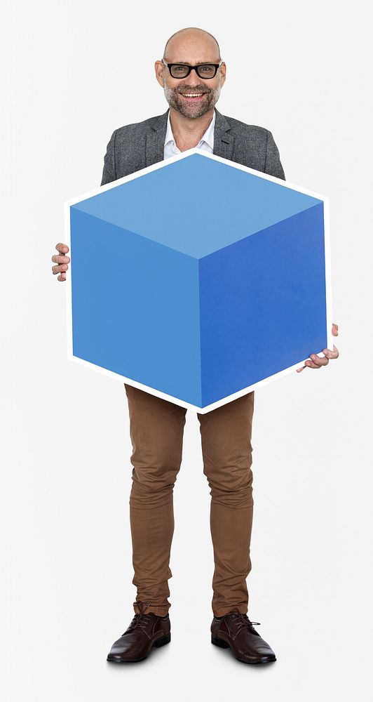 Businessman holding a blue box