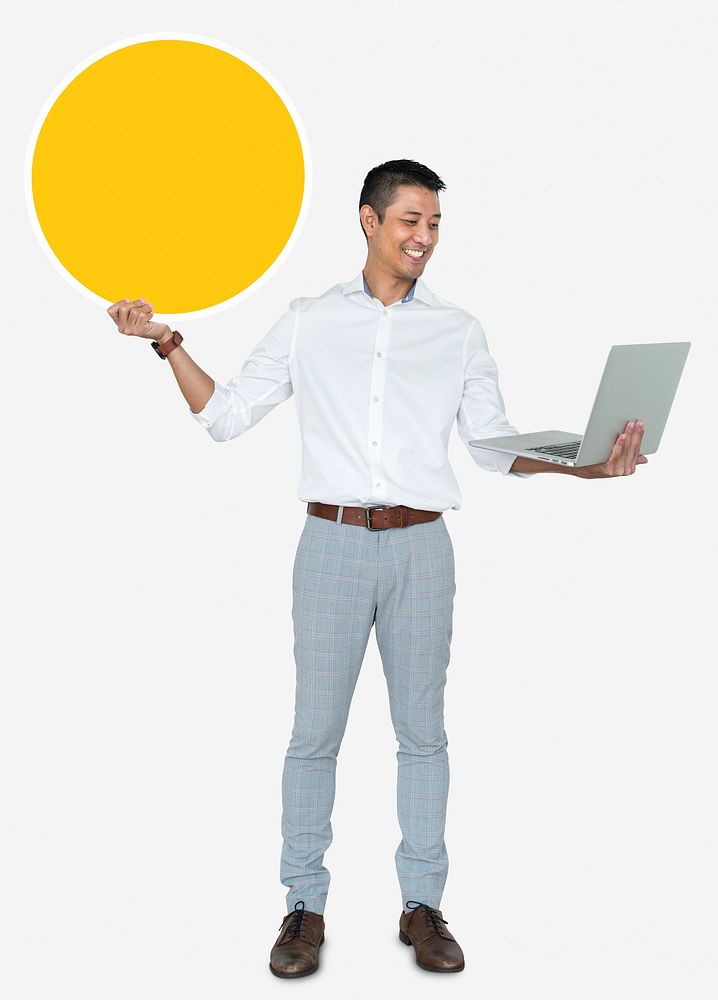 Happy man carrying a laptop and holding a board