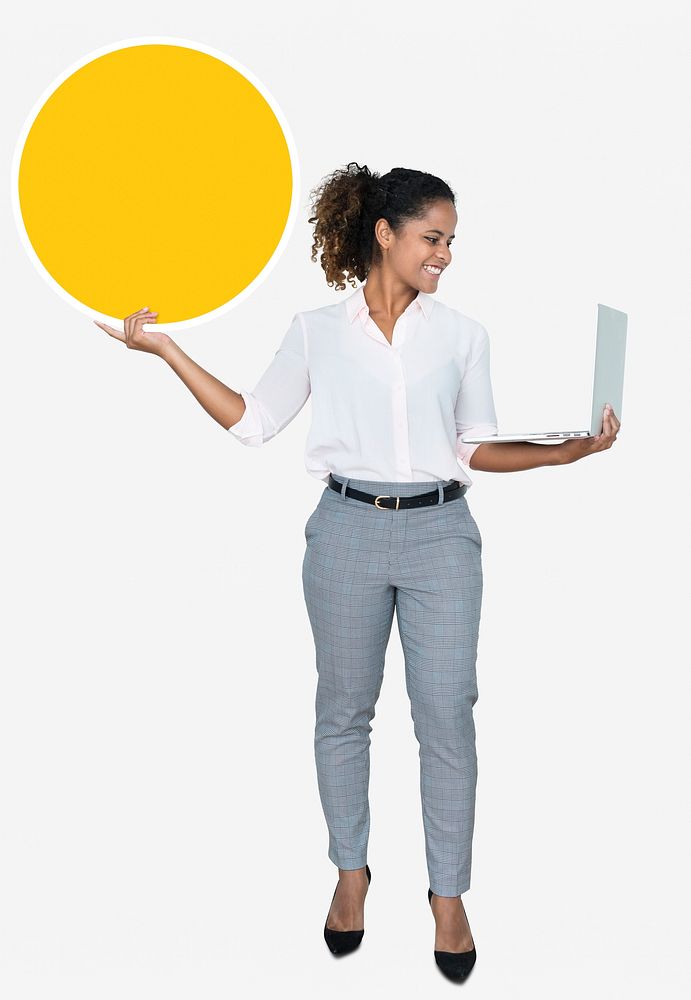 Cheerful woman carrying a laptop and holding a board