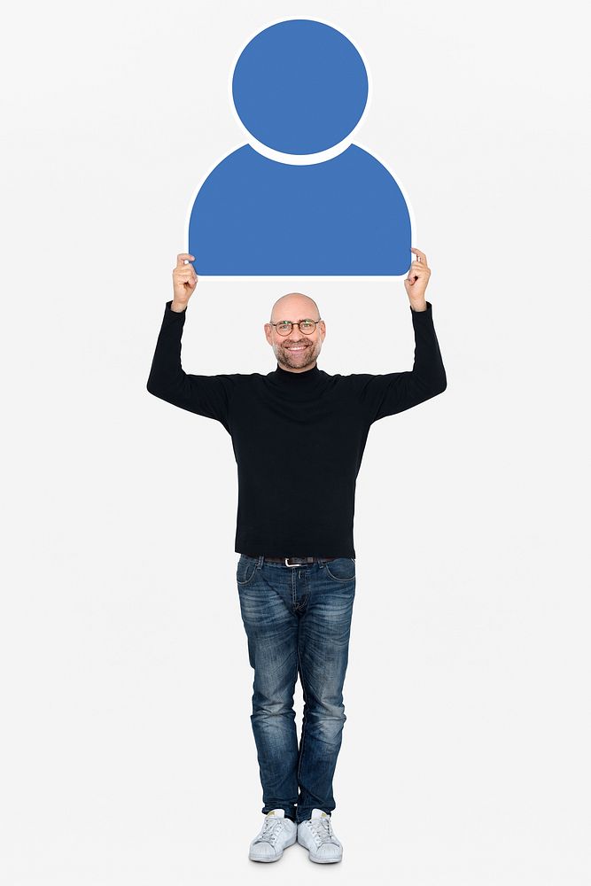 Happy man holding a blue user icon