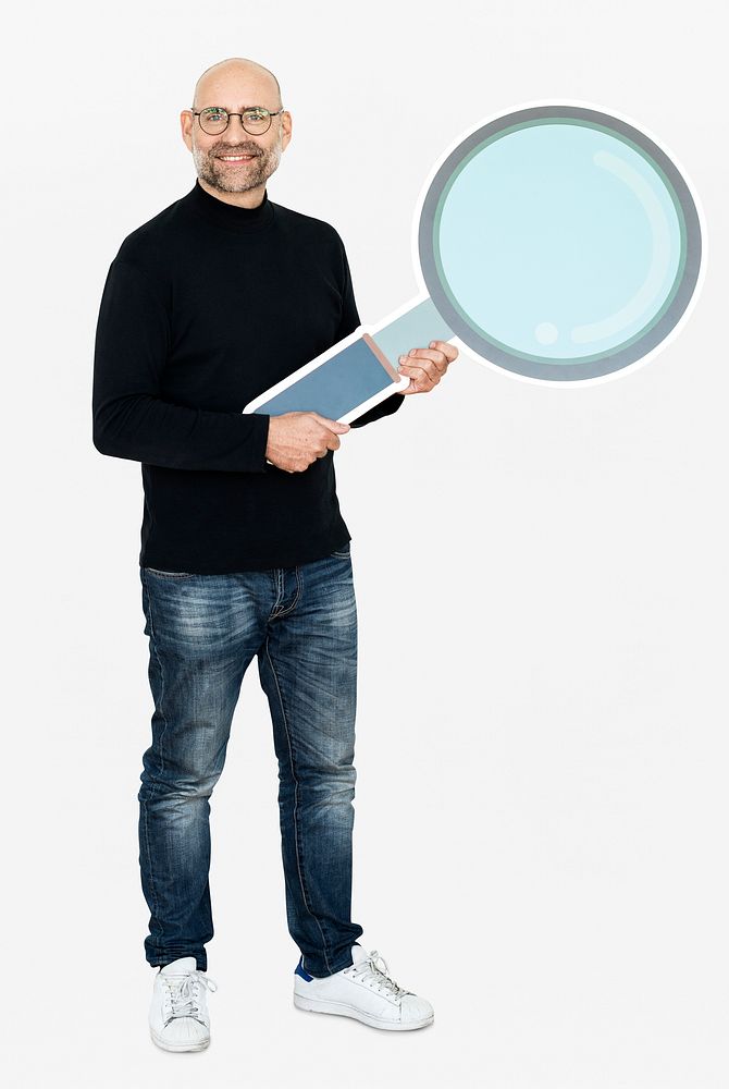 Cheerful man holding a magnifier icon