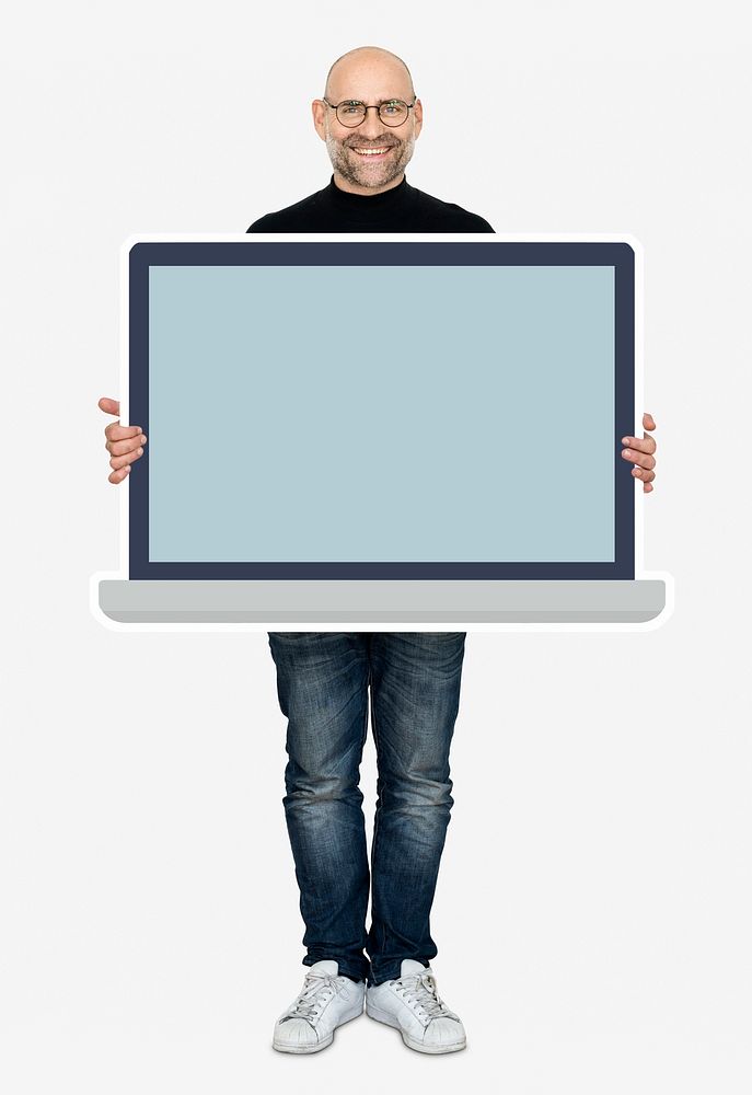 Happy man holding an empty laptop screen