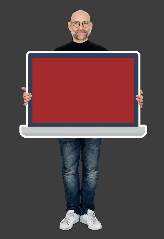 Man holding a red laptop screen