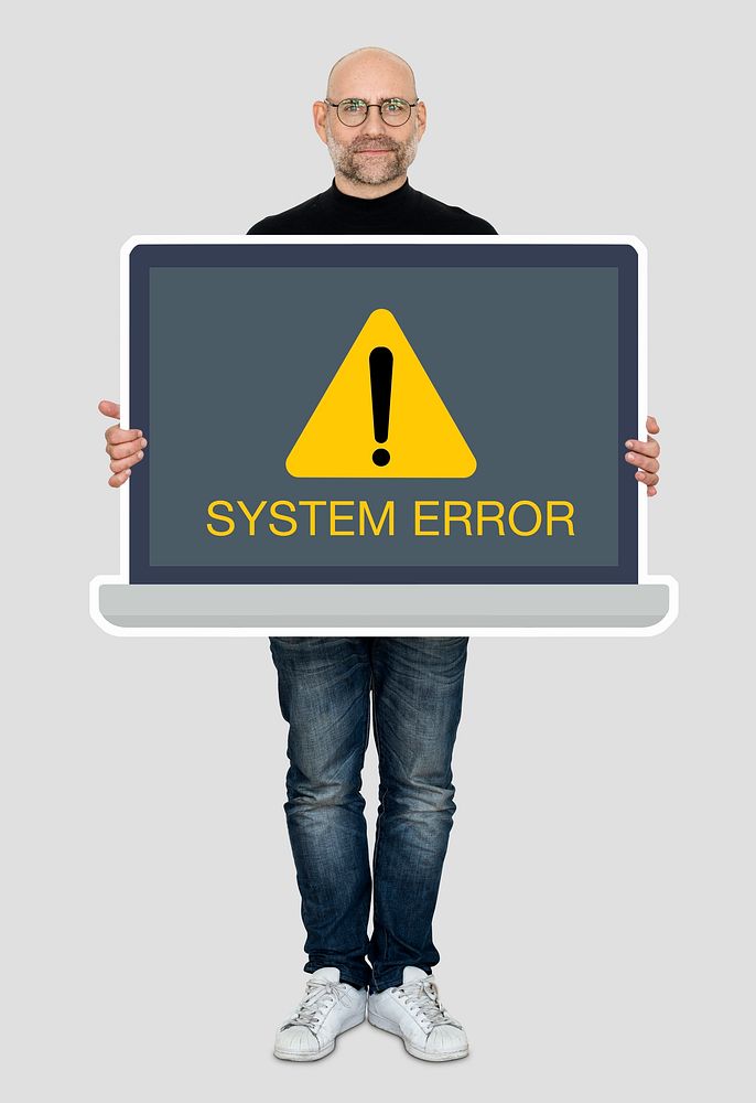 Man holding a laptop with a system error